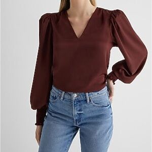 EXPRESS: satin v-neck long sleeve smocked cuff blouse